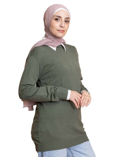 Olive Round Knit Pullover - Khotwh